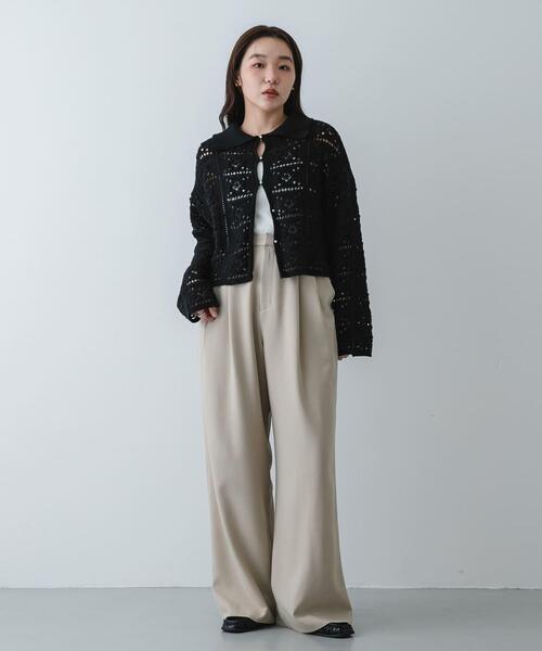 SENSE OF PLACE by URBAN RESEARCH（センスオブプレイスバイアーバンリサーチ）の「『洗濯可』レースアミエリツキニットカーディガン（カーディガン/ボレロ・レディース・カーキ/アイボリー/ブラック・ONE）」の14枚目の写真