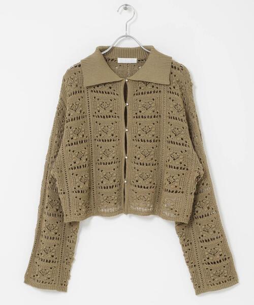 【美品】  01u10 / ゼロイチユーイチゼロ | 円環 race cardigan SUKASI レース カーディガン | F | モスグリーン | レディース 美品】 01u10 / ゼロイチユーイチゼロ | 円環 race cardigan SUKASI