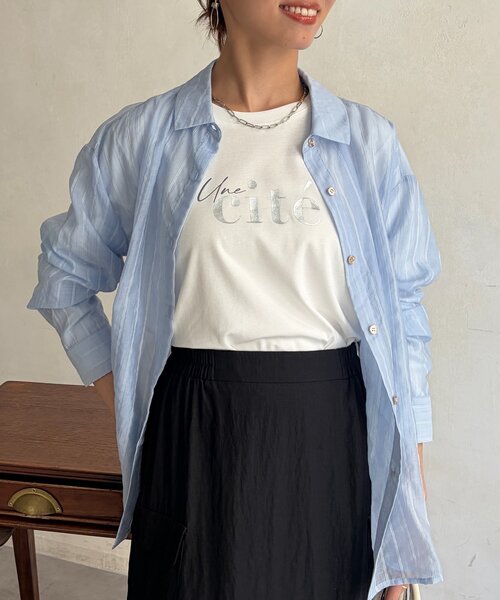 Chez toi(シェトワ)の「トリケアロゴロンT(Tシャツ/カットソー・レディース・オフホワイト/ブラック/グレイッシュベージュ・FREE)」の9枚目の写真