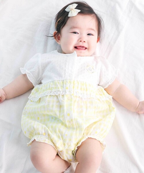 SLAP SLIP BABY(スラップスリップベビー)の「【お揃い】ウエスト切り替えフリルカバーオールベビー(60~80cm)(ロンパース・キッズ・ブルー系その他/イエロー系その他・70cm/60cm/80cm)」の1枚目の写真