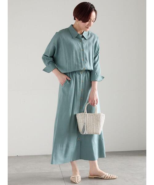 Te chichi(テチチ)の「レーヨンリネン共ベルトシャツワンピース(ワンピース・レディース・ベージュ/ネイビー/グリーン・F)」の4枚目の写真