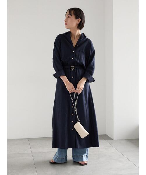 Te chichi(テチチ)の「レーヨンリネン共ベルトシャツワンピース(ワンピース・レディース・ベージュ/ネイビー/グリーン・F)」の5枚目の写真