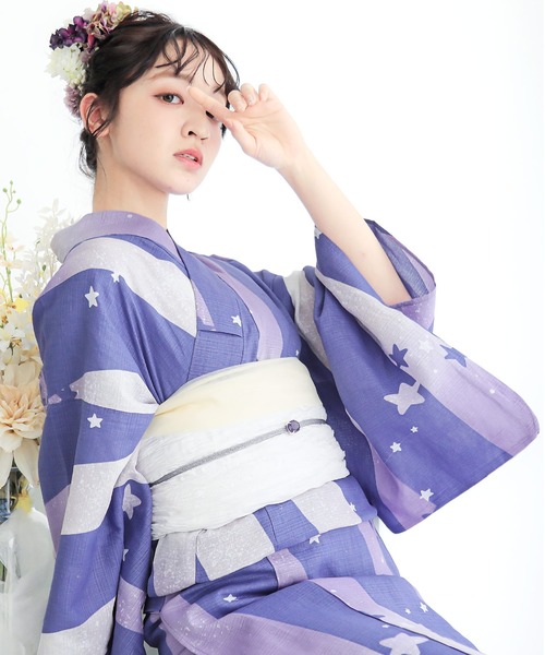 kimonomachi（キモノマチ）の「レディース 浴衣 2点セット（綿浴衣＋しわ兵児帯）　レディース浴衣2点セット　S/F/TL/LLサイズ　貝殻　金魚　星柄　花柄　フラワー【KIMONOMACHI オリジナル】 低身長浴衣（浴衣・レディース・ライトグリーン/ダークネイビー/カリビアンブルー/ラベンダー/ブラック×レッド/ブルーグレー/スカイブルー/ブルーグリーン・FREE/S/LL/TL）」の8枚目の写真