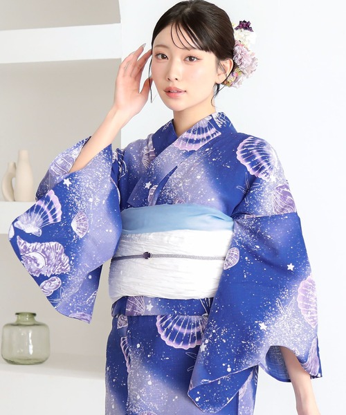 kimonomachi（キモノマチ）の「レディース 浴衣 2点セット（綿浴衣＋しわ兵児帯）　レディース浴衣2点セット　S/F/TL/LLサイズ　貝殻　金魚　星柄　花柄　フラワー【KIMONOMACHI オリジナル】 低身長浴衣（浴衣・レディース・ライトグリーン/ダークネイビー/カリビアンブルー/ラベンダー/ブラック×レッド/ブルーグレー/スカイブルー/ブルーグリーン・FREE/S/LL/TL）」の5枚目の写真