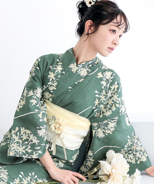 kimonomachi（キモノマチ）の「レディース 浴衣 2点セット（綿浴衣＋しわ兵児帯）　レディース浴衣2点セット　S/F/TL/LLサイズ　貝殻　金魚　星柄　花柄　フラワー【KIMONOMACHI オリジナル】 低身長浴衣（浴衣・レディース・ライトグリーン/ダークネイビー/カリビアンブルー/ラベンダー/ブラック×レッド/ブルーグレー/スカイブルー/ブルーグリーン・FREE/S/LL/TL）」の4枚目の写真