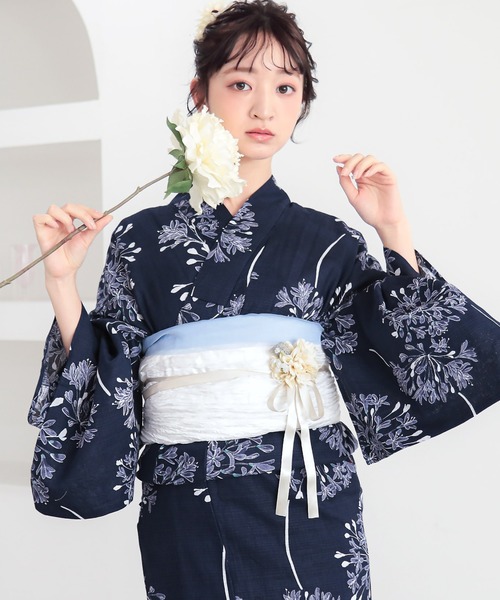 kimonomachi（キモノマチ）の「レディース 浴衣 2点セット（綿浴衣＋しわ兵児帯）　レディース浴衣2点セット　S/F/TL/LLサイズ　貝殻　金魚　星柄　花柄　フラワー【KIMONOMACHI オリジナル】 低身長浴衣（浴衣・レディース・ライトグリーン/ダークネイビー/カリビアンブルー/ラベンダー/ブラック×レッド/ブルーグレー/スカイブルー/ブルーグリーン・FREE/S/LL/TL）」の7枚目の写真