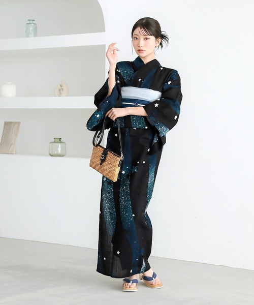 kimonomachi（キモノマチ）の「レディース 浴衣 2点セット（綿浴衣＋しわ兵児帯）　レディース浴衣2点セット　S/F/TL/LLサイズ　貝殻　金魚　星柄　花柄　フラワー【KIMONOMACHI オリジナル】 低身長浴衣（浴衣・レディース・ライトグリーン/ダークネイビー/カリビアンブルー/ラベンダー/ブラック×レッド/ブルーグレー/スカイブルー/ブルーグリーン・FREE/S/LL/TL）」の14枚目の写真