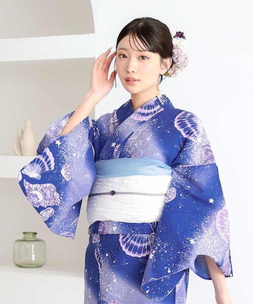 kimonomachi（キモノマチ）の「レディース 浴衣 2点セット（綿浴衣＋しわ兵児帯）　レディース浴衣2点セット　S/F/TL/LLサイズ　貝殻　金魚　星柄　花柄　フラワー【KIMONOMACHI オリジナル】 低身長浴衣（浴衣・レディース・ライトグリーン/ダークネイビー/カリビアンブルー/ラベンダー/ブラック×レッド/ブルーグレー/スカイブルー/ブルーグリーン・FREE/S/LL/TL）」の17枚目の写真