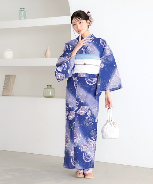 kimonomachi（キモノマチ）の「レディース 浴衣 2点セット（綿浴衣＋しわ兵児帯）　レディース浴衣2点セット　S/F/TL/LLサイズ　貝殻　金魚　星柄　花柄　フラワー【KIMONOMACHI オリジナル】 低身長浴衣（浴衣・レディース・ライトグリーン/ダークネイビー/カリビアンブルー/ラベンダー/ブラック×レッド/ブルーグレー/スカイブルー/ブルーグリーン・FREE/S/LL/TL）」の19枚目の写真