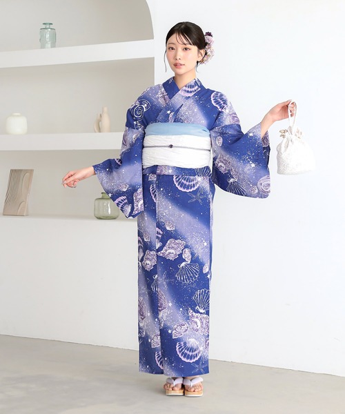 kimonomachi（キモノマチ）の「レディース 浴衣 2点セット（綿浴衣＋しわ兵児帯）　レディース浴衣2点セット　S/F/TL/LLサイズ　貝殻　金魚　星柄　花柄　フラワー【KIMONOMACHI オリジナル】 低身長浴衣（浴衣・レディース・ライトグリーン/ダークネイビー/カリビアンブルー/ラベンダー/ブラック×レッド/ブルーグレー/スカイブルー/ブルーグリーン・FREE/S/LL/TL）」の21枚目の写真