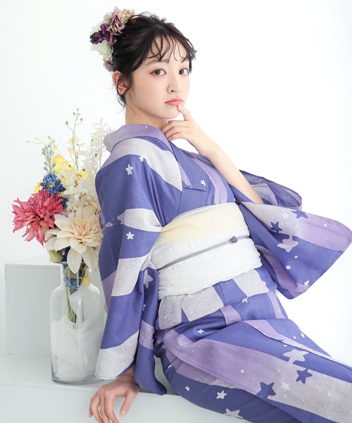 kimonomachi（キモノマチ）の「レディース 浴衣 2点セット（綿浴衣＋しわ兵児帯）　レディース浴衣2点セット　S/F/TL/LLサイズ　貝殻　金魚　星柄　花柄　フラワー【KIMONOMACHI オリジナル】 低身長浴衣（浴衣・レディース・ライトグリーン/ダークネイビー/カリビアンブルー/ラベンダー/ブラック×レッド/ブルーグレー/スカイブルー/ブルーグリーン・FREE/S/LL/TL）」の12枚目の写真