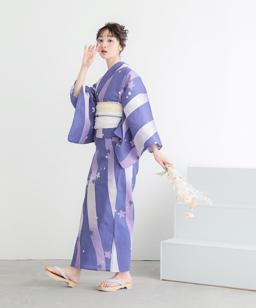kimonomachi（キモノマチ）の「レディース 浴衣 2点セット（綿浴衣＋しわ兵児帯）　レディース浴衣2点セット　S/F/TL/LLサイズ　貝殻　金魚　星柄　花柄　フラワー【KIMONOMACHI オリジナル】 低身長浴衣（浴衣・レディース・ライトグリーン/ダークネイビー/カリビアンブルー/ラベンダー/ブラック×レッド/ブルーグレー/スカイブルー/ブルーグリーン・FREE/S/LL/TL）」の9枚目の写真