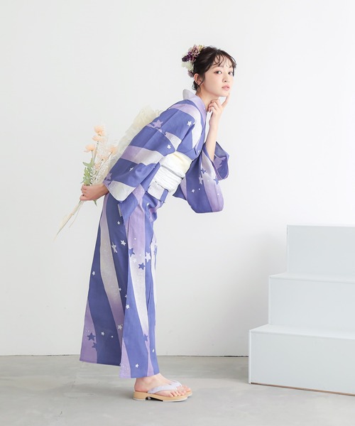 kimonomachi（キモノマチ）の「レディース 浴衣 2点セット（綿浴衣＋しわ兵児帯）　レディース浴衣2点セット　S/F/TL/LLサイズ　貝殻　金魚　星柄　花柄　フラワー【KIMONOMACHI オリジナル】 低身長浴衣（浴衣・レディース・ライトグリーン/ダークネイビー/カリビアンブルー/ラベンダー/ブラック×レッド/ブルーグレー/スカイブルー/ブルーグリーン・FREE/S/LL/TL）」の10枚目の写真