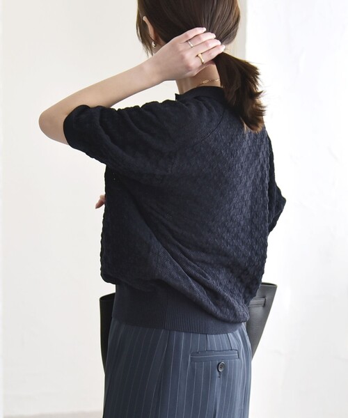 quaranciel(カランシエル)の「〈手洗い可能〉透かし編み ポロ ニット プルオーバー(ニット/セーター・レディース・ネイビー/ホワイト・ONE SIZE)」の17枚目の写真