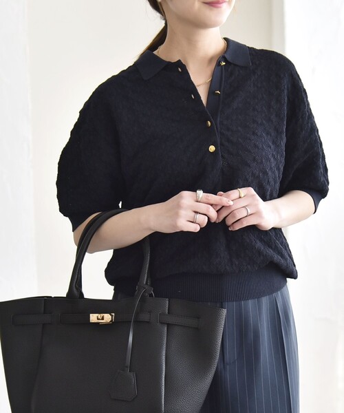 quaranciel(カランシエル)の「〈手洗い可能〉透かし編み ポロ ニット プルオーバー(ニット/セーター・レディース・ネイビー/ホワイト・ONE SIZE)」の21枚目の写真
