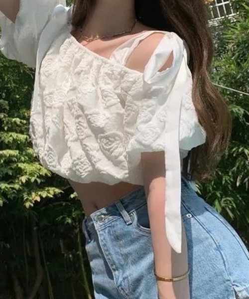 Teem Store（チームストア）の「リボンショルダー フラワージャガード オフショルトップス（シャツ/ブラウス・レディース・ホワイト・S/M）」の6枚目の写真
