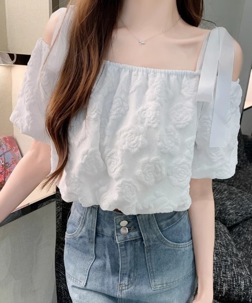 Teem Store（チームストア）の「リボンショルダー フラワージャガード オフショルトップス（シャツ/ブラウス・レディース・ホワイト・S/M）」の7枚目の写真