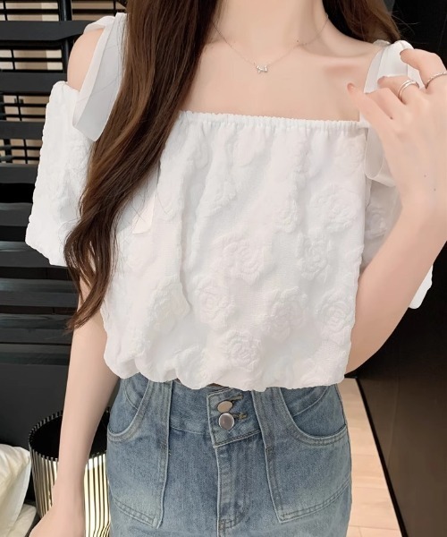 Teem Store（チームストア）の「リボンショルダー フラワージャガード オフショルトップス（シャツ/ブラウス・レディース・ホワイト・S/M）」の8枚目の写真