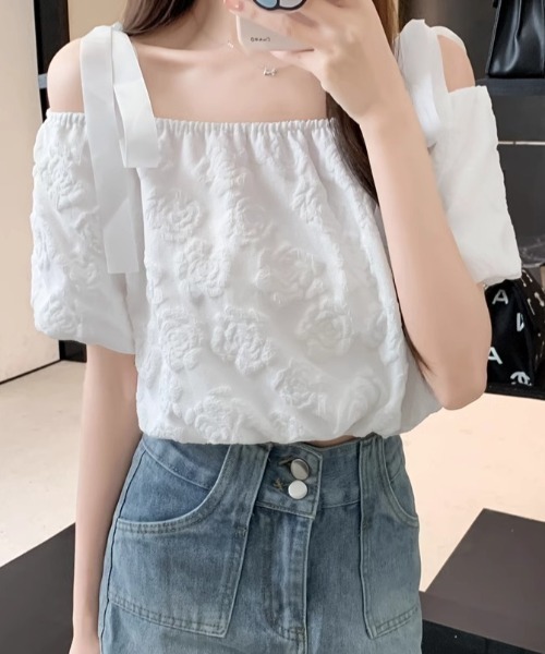 Teem Store（チームストア）の「リボンショルダー フラワージャガード オフショルトップス（シャツ/ブラウス・レディース・ホワイト・S/M）」の10枚目の写真