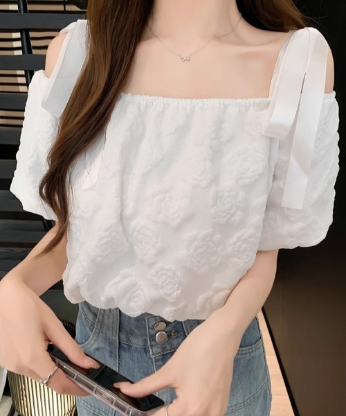 Teem Store（チームストア）の「リボンショルダー フラワージャガード オフショルトップス（シャツ/ブラウス・レディース・ホワイト・S/M）」の11枚目の写真