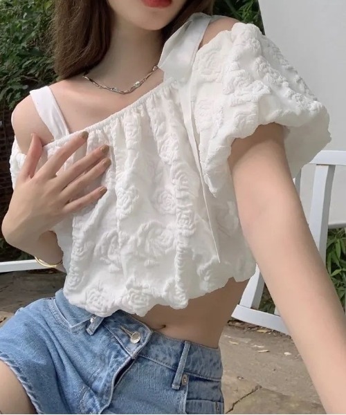 Teem Store（チームストア）の「リボンショルダー フラワージャガード オフショルトップス（シャツ/ブラウス・レディース・ホワイト・S/M）」の12枚目の写真