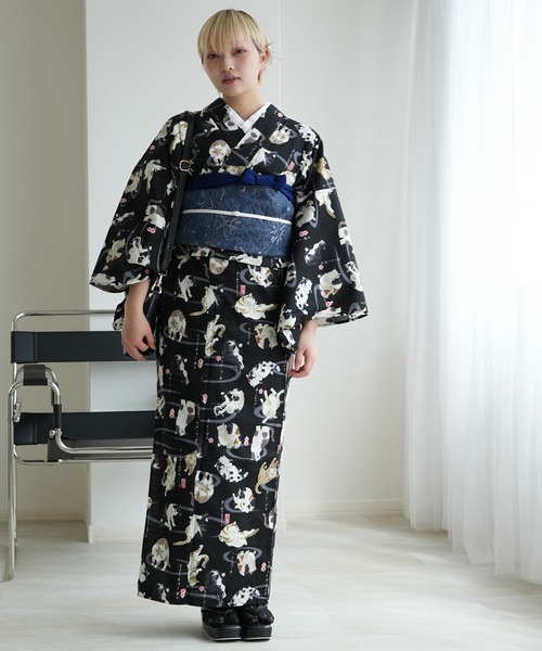 utatane(ウタタネ)の「着物 単衣 ニコアンティーク ネコのことわざ クロ(着物・レディース・ブラック・FREE)」の2枚目の写真