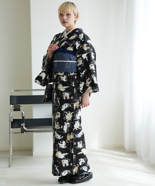 utatane(ウタタネ)の「着物 単衣 ニコアンティーク ネコのことわざ クロ(着物・レディース・ブラック・FREE)」の5枚目の写真