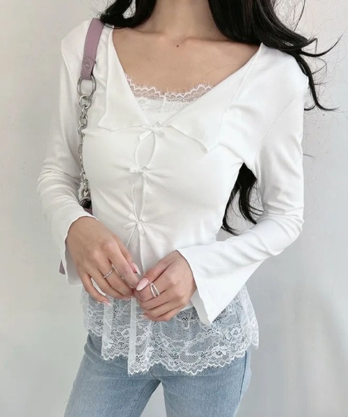 2ly2(トゥーリートゥー)の「Vネック 長袖トップス 胸パッド付き フロントリボン カットソー ストレッチ(Tシャツ/カットソー・レディース・ホワイト・FREE)」の5枚目の写真
