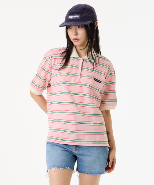 UNKNOWN PLANET(アンノウンプラネット)の「レトロマルチストライプカラーTシャツピンク(ポロシャツ・レディース・その他・FREE)」の1枚目の写真