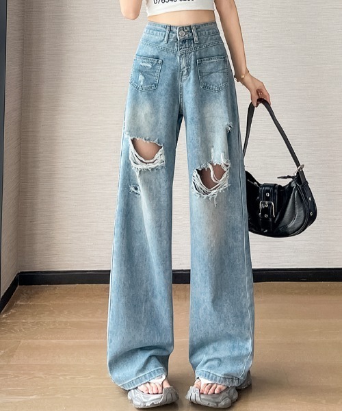 AMAJI(アマジ)の「ダメージ加工 ナローワイド デニムパンツ(デニムパンツ・レディース・ライトブルー/ブルー・MEDIUM/SMALL/X-LARGE/LARGE)」の1枚目の写真