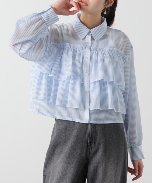 Honeys(ハニーズ)の「ショート丈フリルシャツ(シャツ/ブラウス・レディース・ベージュ系その他/ホワイト×ブルー/ブラック×グレー・S/M/L)」の1枚目の写真