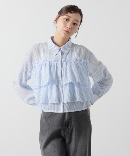 Honeys(ハニーズ)の「ショート丈フリルシャツ(シャツ/ブラウス・レディース・ベージュ系その他/ホワイト×ブルー/ブラック×グレー・S/M/L)」の9枚目の写真