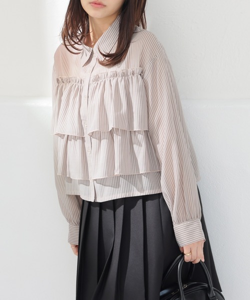 Honeys(ハニーズ)の「ショート丈フリルシャツ(シャツ/ブラウス・レディース・ベージュ系その他/ホワイト×ブルー/ブラック×グレー・S/M/L)」の17枚目の写真