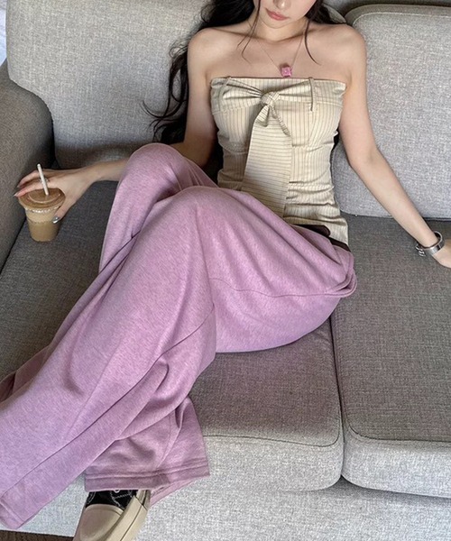 LYEON（リヨン）の「ネクタイリボンベアトップス（チューブトップ・レディース・ベージュ/ブラック・FREE）」の8枚目の写真