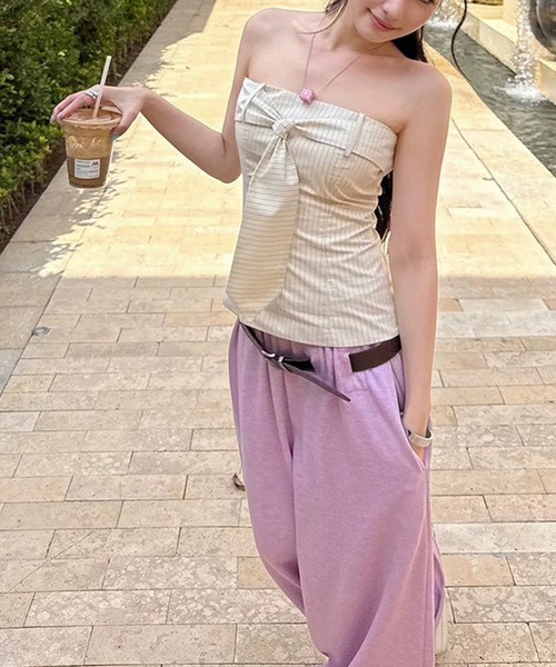 LYEON（リヨン）の「ネクタイリボンベアトップス（チューブトップ・レディース・ベージュ/ブラック・FREE）」の11枚目の写真