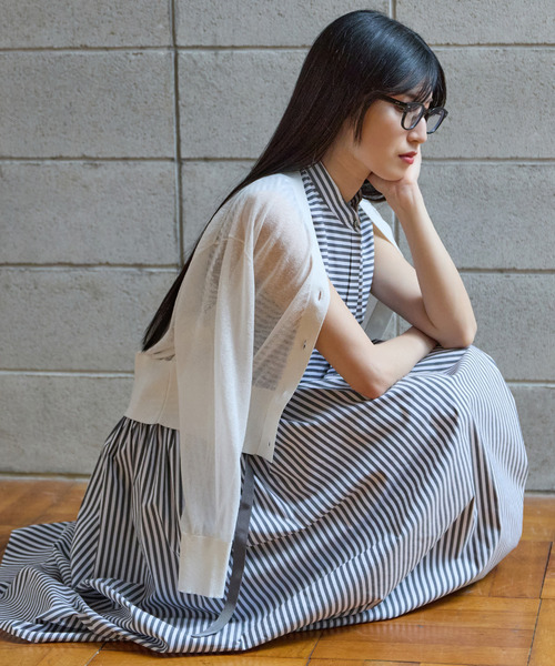 Tiara（ティアラ）の「バンドカラーシャツノースリーブワンピース（ワンピース・レディース・ネイビー/オレンジ/ホワイト×ブラック・FREE）」の10枚目の写真