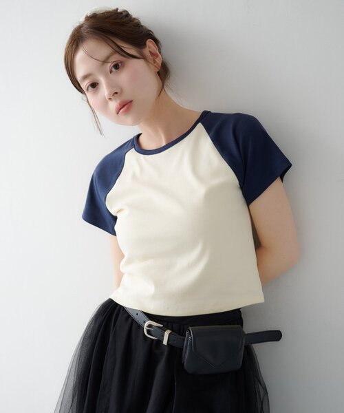 Kastane(カスタネ)の「【WEB先行】ラグランちびTEE(Tシャツ/カットソー・レディース・ピンク/ブルー系その他/アイボリー・FREE)」の6枚目の写真