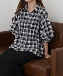 Ree&Mee 5分袖 チェック シャーリング パフスリーブ 袖裏チュール生地 ブラウス