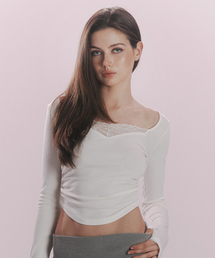 Vera Lace Shirring Long Sleeve Top (Ivory)