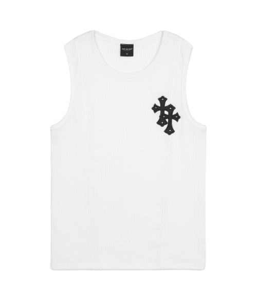 EASY NO EASY(イージーノーイージー)の「クロスレザーパッチスリーブレス - ホワイト(Tシャツ/カットソー・レディース・その他・1)」の2枚目の写真