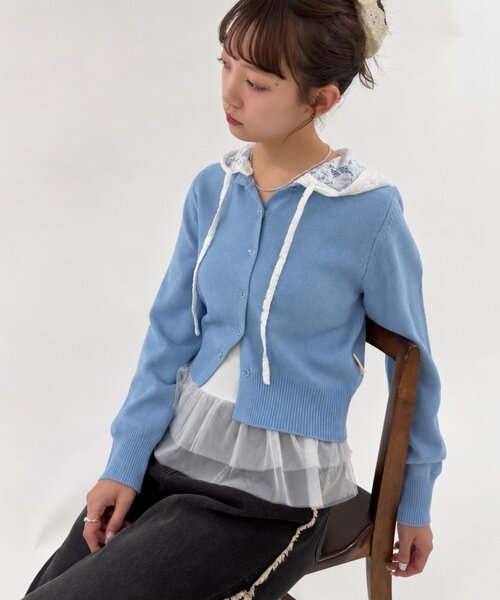 w closet(ダブルクローゼット)の「レースフーディーニットカーデ(ニット/セーター・レディース・グリーン/ブルー/アイボリー/チャコールグレー/ブラウン・FREE)」の5枚目の写真