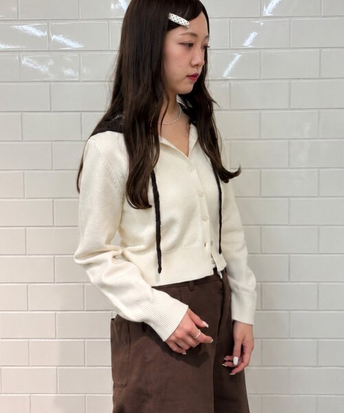 w closet(ダブルクローゼット)の「レースフーディーニットカーデ(ニット/セーター・レディース・グリーン/ブルー/アイボリー/チャコールグレー/ブラウン・FREE)」の8枚目の写真