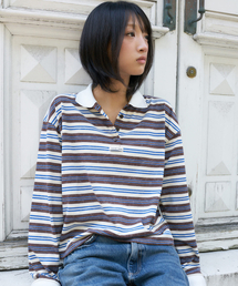 L27 STRIPE COLLAR LONG SLEEVE T-SHIRT(BLUE BROWN)