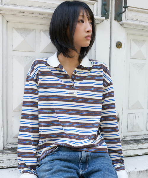LARTIGENT(ラーティゼン)の「L27 STRIPE COLLAR LONG SLEEVE T-SHIRT(BLUE BROWN)(Tシャツ/カットソー・レディース・その他・FREE)」の1枚目の写真