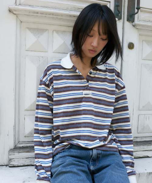 LARTIGENT(ラーティゼン)の「L27 STRIPE COLLAR LONG SLEEVE T-SHIRT(BLUE BROWN)(Tシャツ/カットソー・レディース・その他・FREE)」の2枚目の写真