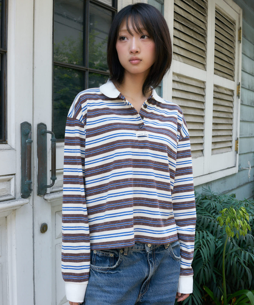 LARTIGENT(ラーティゼン)の「L27 STRIPE COLLAR LONG SLEEVE T-SHIRT(BLUE BROWN)(Tシャツ/カットソー・レディース・その他・FREE)」の3枚目の写真
