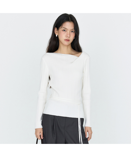 MONGDOL(モンドル)の「ドレープネックリブニットトップ MDKT113_5 カラー(ニット/セーター・レディース・ブラック/ダークグレー/オートミール/スカイブルー/アイボリー・F)」の1枚目の写真
