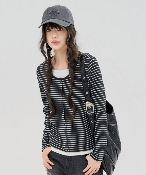 CHASECULT(チェイスカルト)の「レディース ストライプ レイヤード Tシャツ-FFRG5172C03(Tシャツ/カットソー・レディース・ブラック・85/90/95)」の4枚目の写真