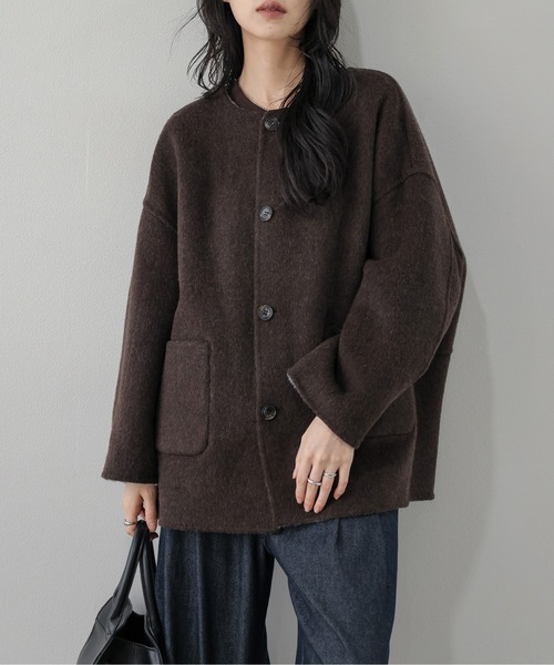 CURA CLOSET(キュラ クローゼット)の「リバーシブル/ウール混/ノーカラーコート/チェック柄/無地/2way/ミドル丈(その他アウター・レディース・チャコールグレー/ブラウン・フリー)」の2枚目の写真