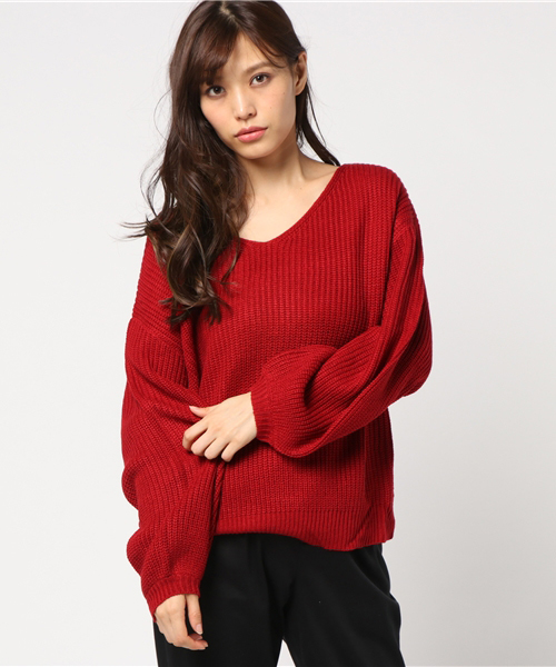 Re:EDIT（リエディ）の「ワイドスリーブバッククロスニットトップス（ニット/セーター・レディース・ホワイト/ブラック/ブラウン/ブルー/レッド・MEDIUM）」の5枚目の写真